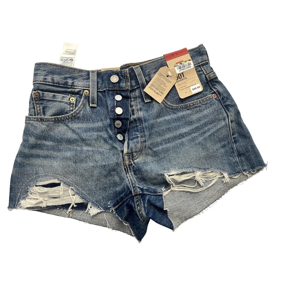 Levis 501 Shorts Womens 27 Blue High Rise Distressed‎ Denim Button Fly NWT